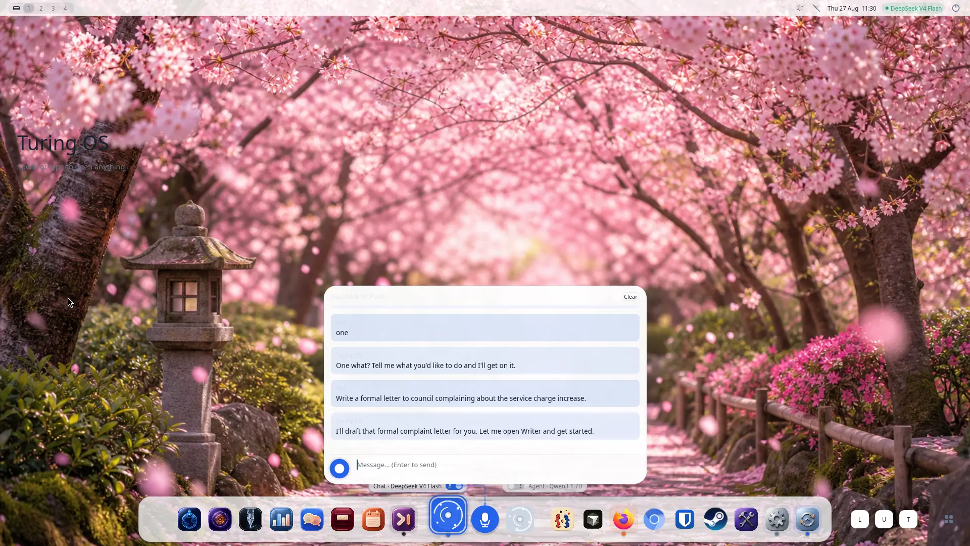 The Turing AI OS desktop: dock along the bottom, command panel in the centre