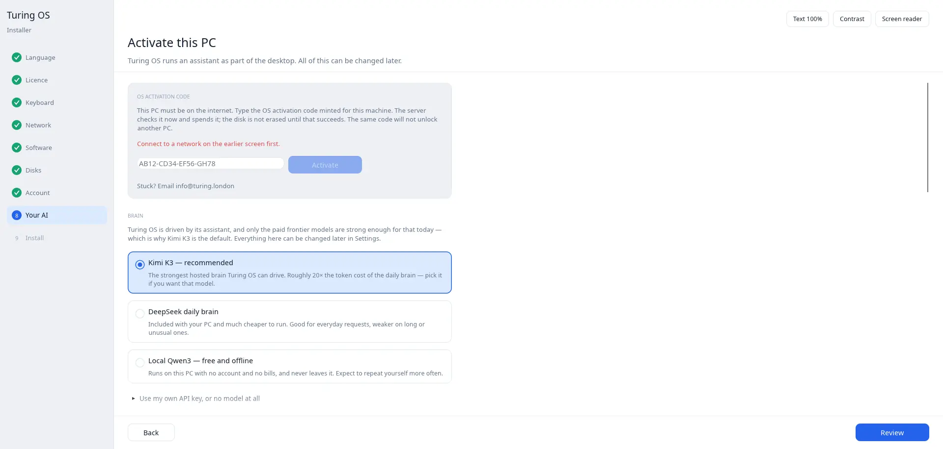 The Turing AI OS installer asking which AI brain to use