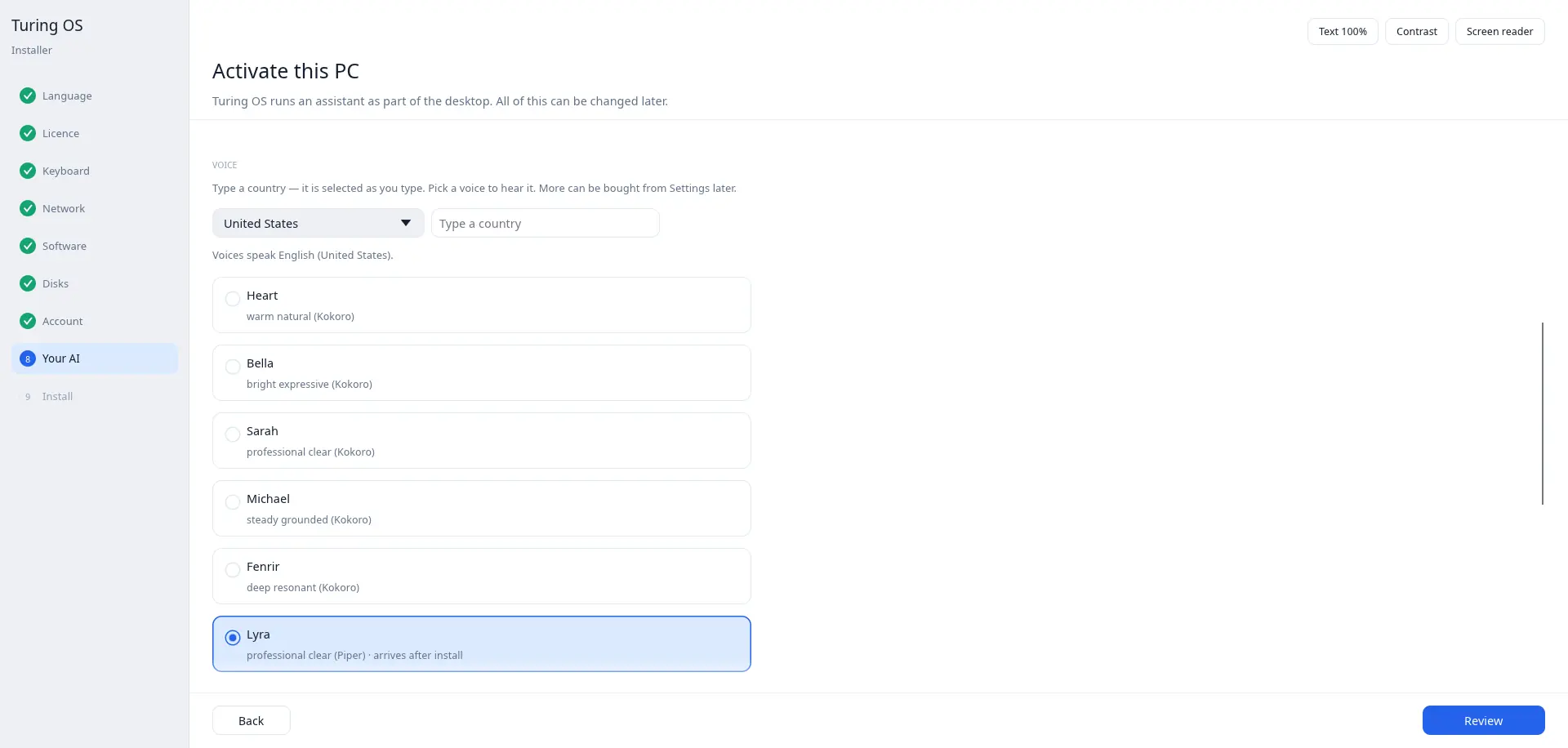Choosing an AI voice while installing Turing AI OS